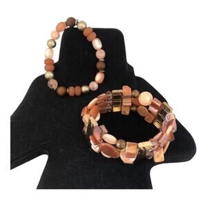 Unique Blend Soft Pink Earthy Brown Tan Beads Expandable Two Bracelet Bundle